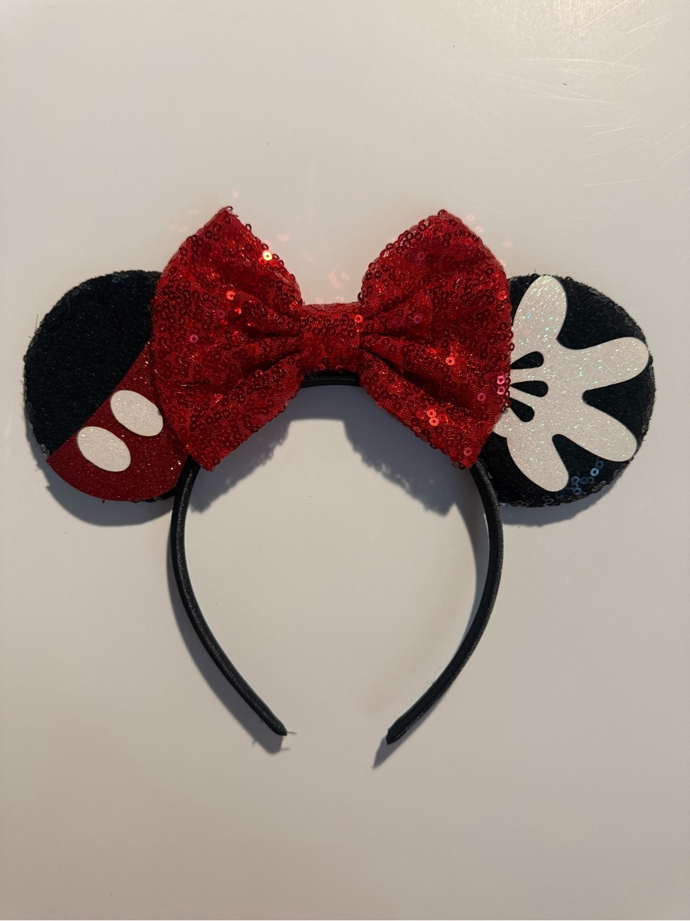 Sequin Mickey Minnie Mouse Ear Headband with Red Bow